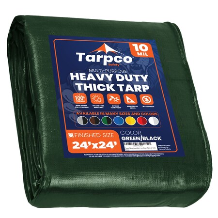 Tarpco Safety Heavy Duty Tarp, 24 ft L x 0.5 mm H x 24 ft W, 10 Mil, Green/Black, Polyethylene TS-153-24X24
